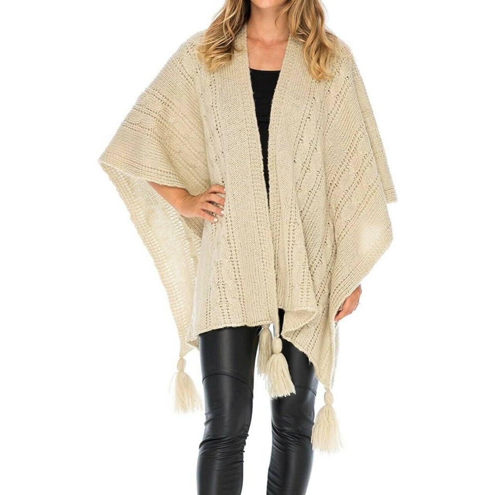 Back From Bali Womens Cable Knit Wrap Shawl Poncho Sweater Boho Long Soft Tassel